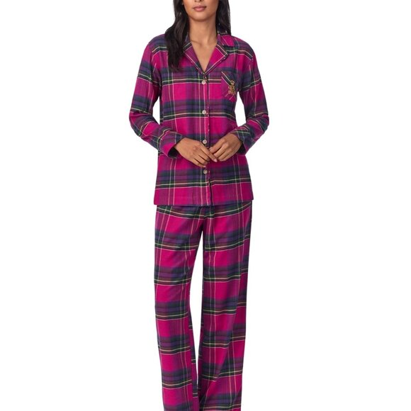 #26Lauren Ralph Lauren Women's Plaid Notched-Collar Pajama Set - Dark Pink Print - Picture 1 of 1